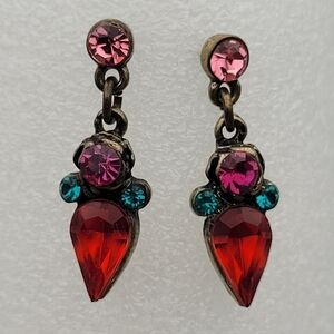 ✨2/$10✨ Red Dangle Earrings Teardrop Shape, Pink and Turquoise Rhinestones